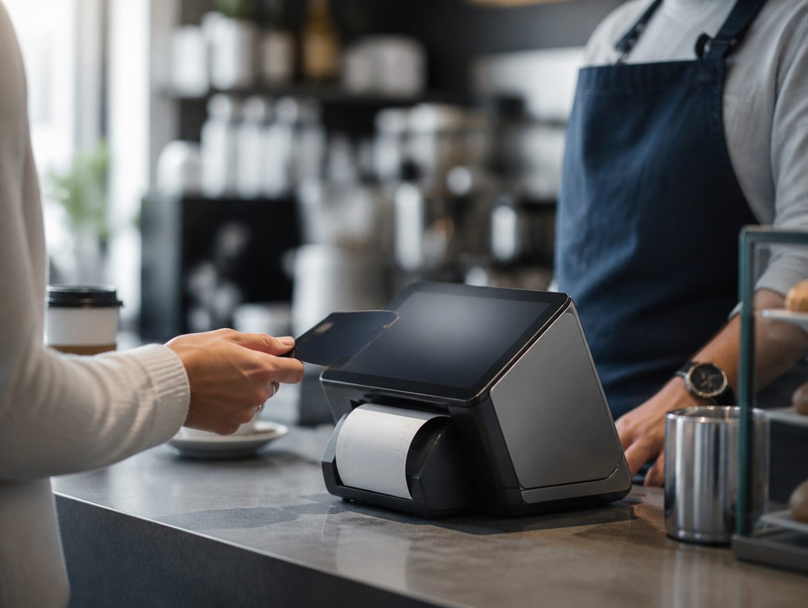 Customer tapping a card on a POS terminal at a Dallas / Ft. Worth cafe