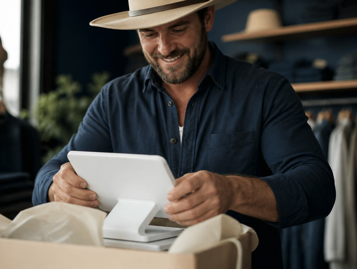 An employee at a small Texas gift shop rings up a shopper on a tablet point-of-sale system at a wooden checkout counter