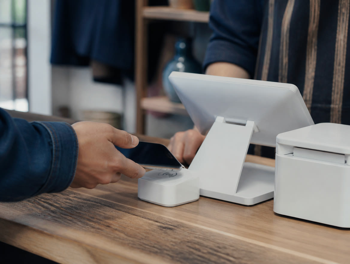 An employee at a small Texas boutique rings up a sale on a tablet point-of-sale system while a shopper waits at the checkout counter
