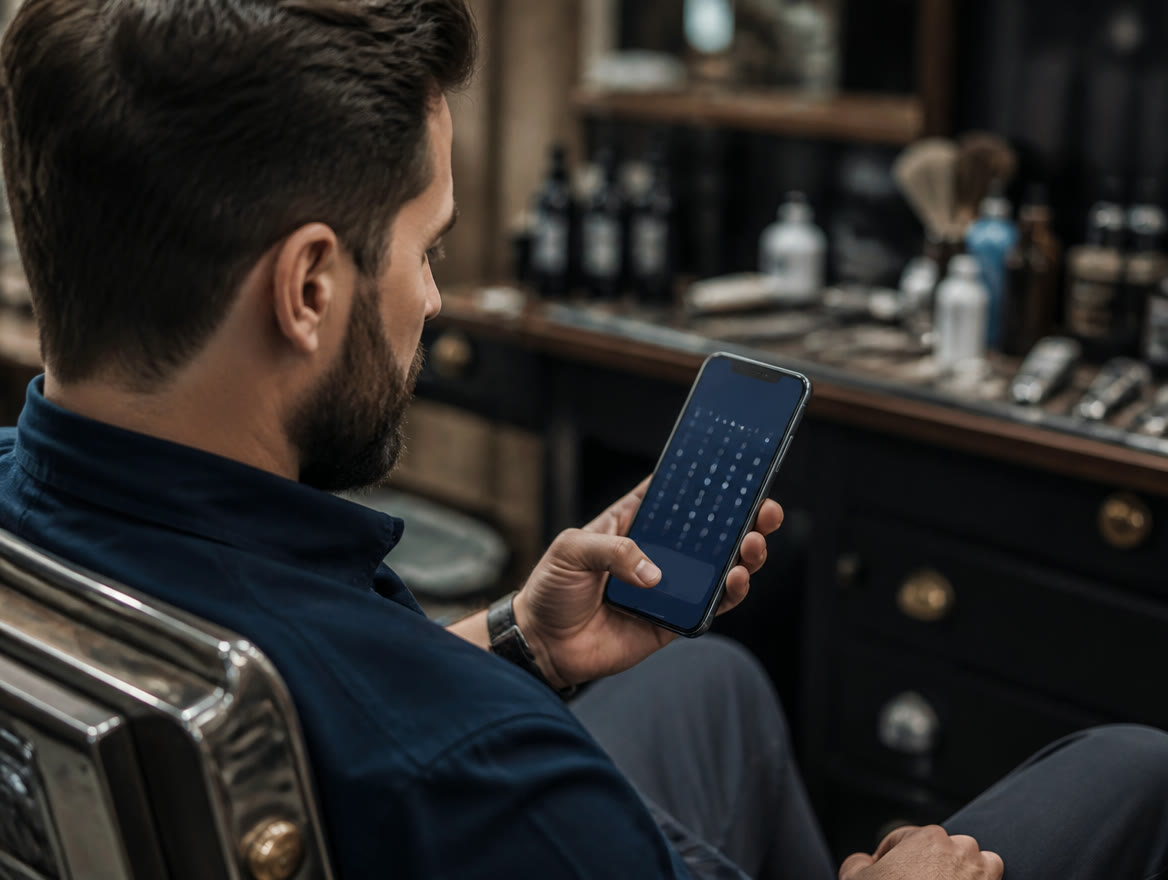 Barber in a Texas barbershop reviewing the day’s appointment calendar on a tablet between clients