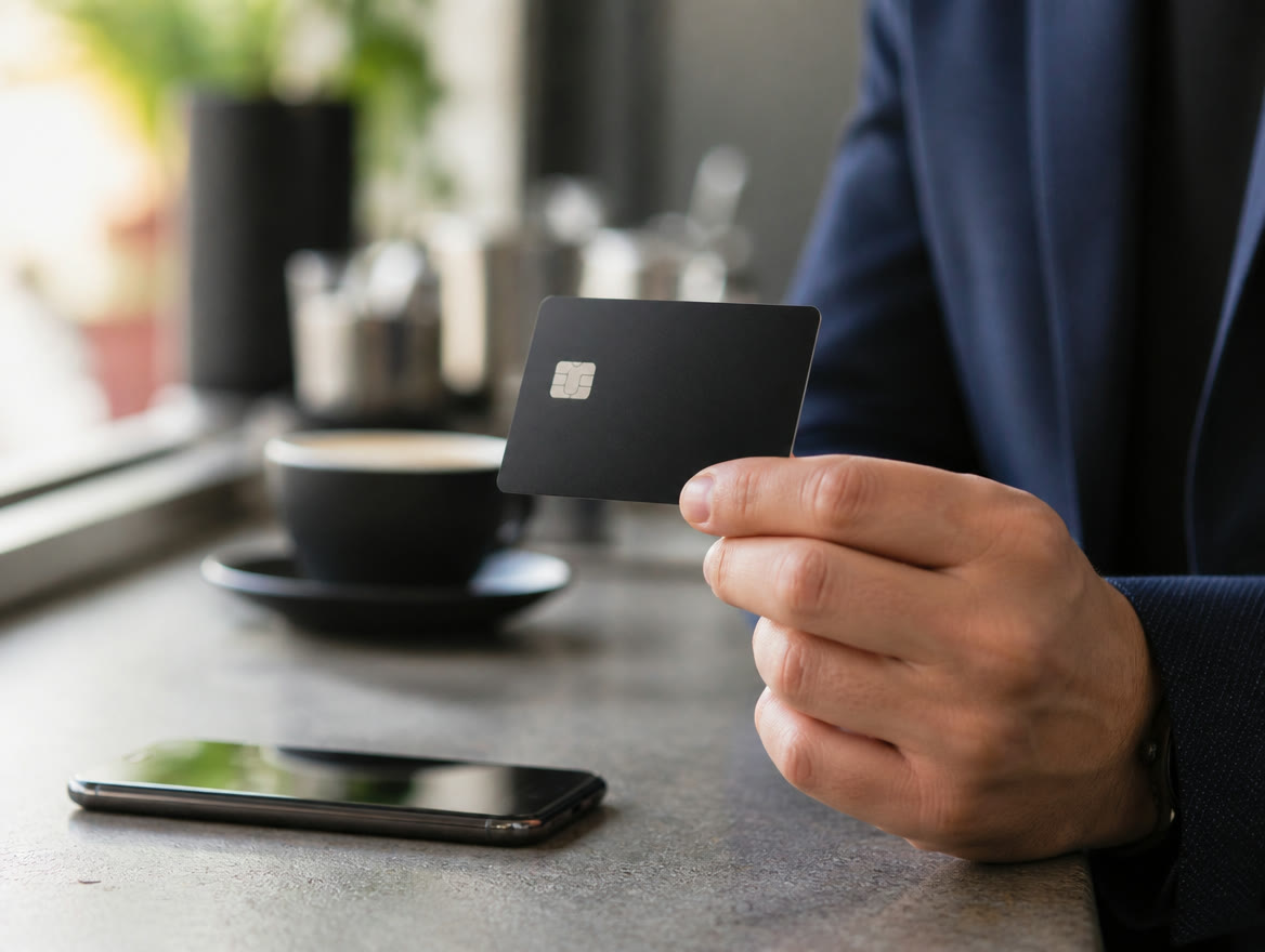 Business owner holding a black chip debit card at a café counter, with a smartphone and a cup of coffee on the counter