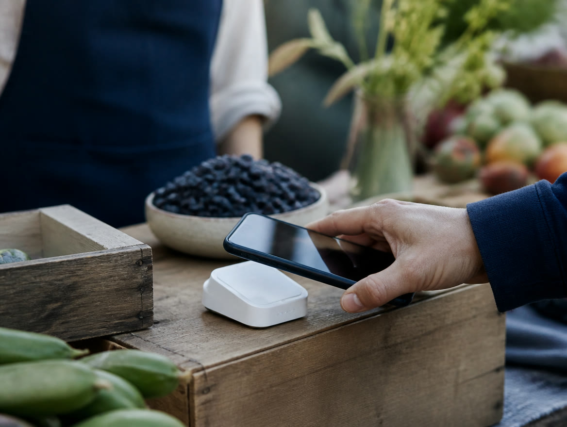 At a weekend market booth in Texas, a vendor rings up a sale on a smartphone as a customer pays by tapping their phone.