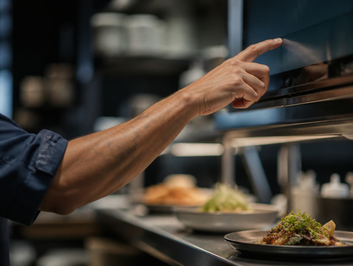 Cook on a Texas restaurant’s kitchen line reading incoming orders on a wall-mounted kitchen display screen above the prep station