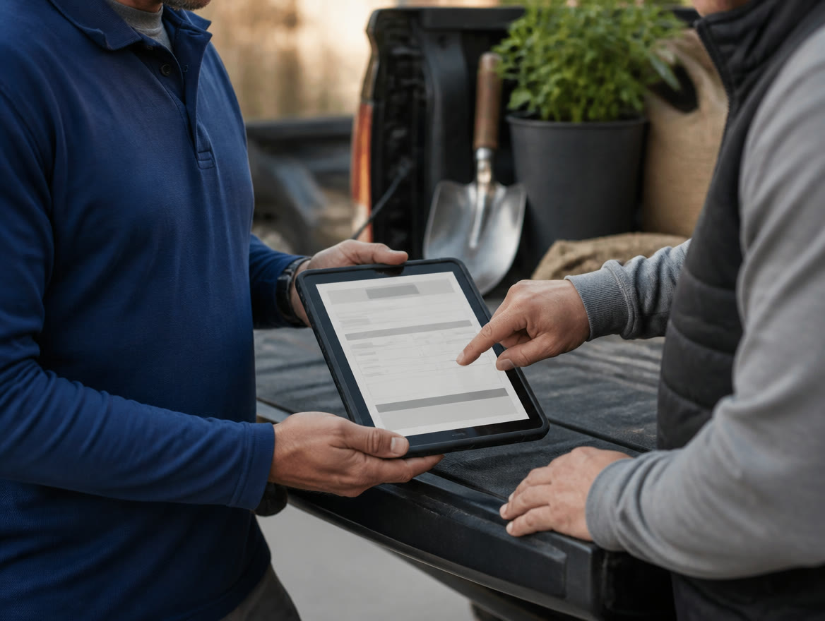 Office manager at a Texas small business taking a payment over the phone on a laptop beside a countertop point-of-sale screen