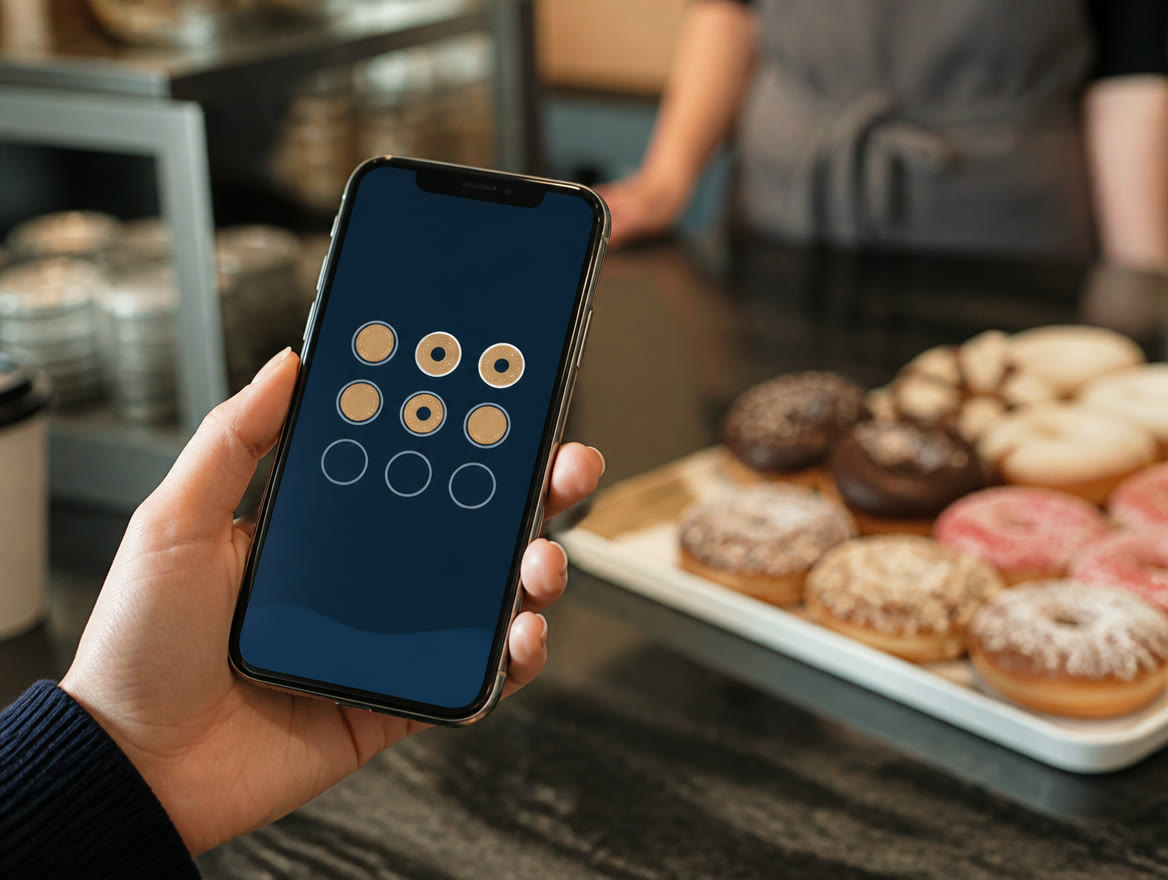 Texas coffee shop owner checks customer rewards on a modern countertop point-of-sale tablet while a barista serves a regular