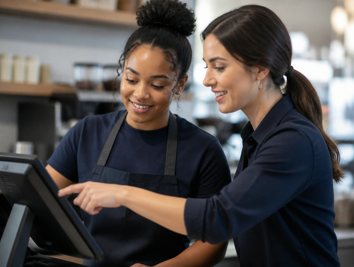 A specialist points to a touchscreen point-of-sale terminal while training a smiling cashier in an apron at a Texas café counter